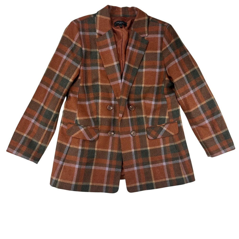 Talbots Blazer Petite Double Breasted 14P Orange Plaid Wool Blend Academic VTG
